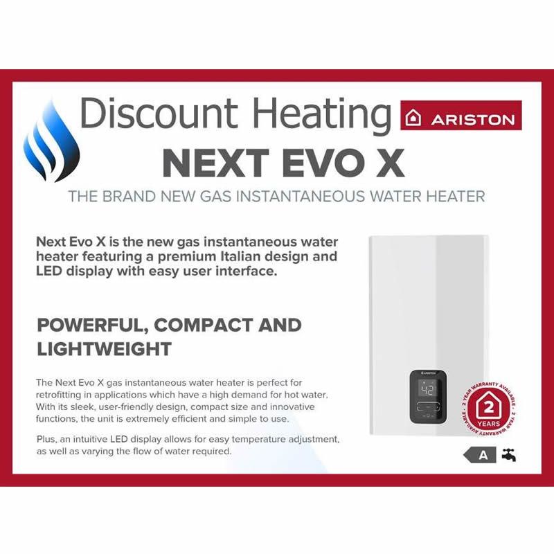 Ariston NEXT EVO X 16L Gas Water Heater 3632533 including Vertical Flue Kit  3318855 and Adaptor