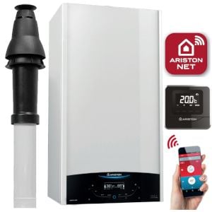 Ariston Genus ONE+ WiFi 35 Combi Boiler 3302398 (10 Year Warranty) with Vertical Flue Kit 3318080 and Starter 3318079, Built in Wi-Fi and Cube RF Wireless Thermostat / Programmer 3319118